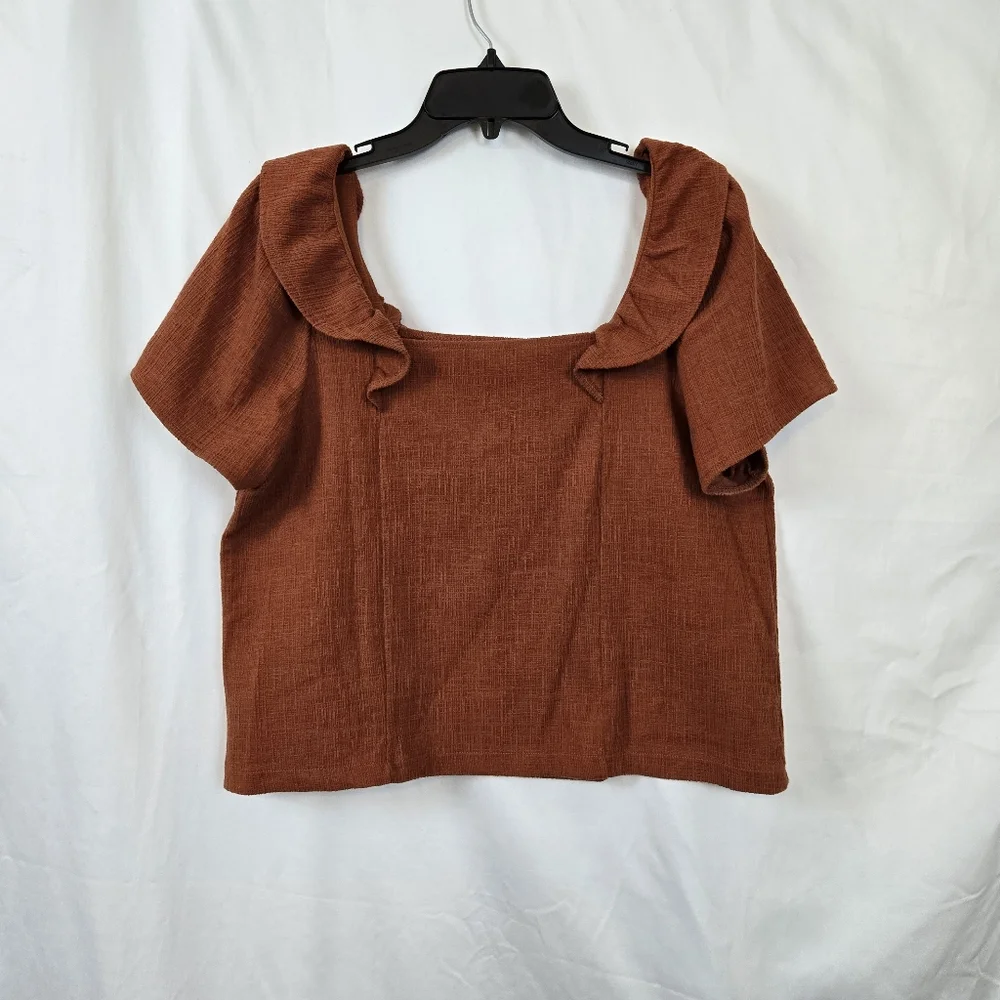 Madewell Women's Rust Orange Crosshatch Ruffled Short Sleeve Career Blouse Large